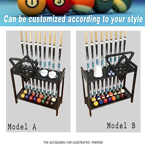GACCO BILLIARDS Pool Stick Holder Floor Stand Holds 9 Cues & Pool Table Accessories. Wooden 2-Tier Cue Stick Rack with Ball Rack Hangers, Cone Chalk Holder or Drink Pads (2IN1-BLACK)