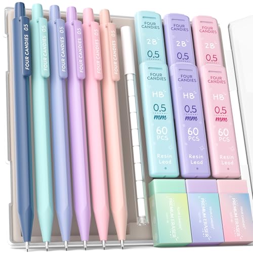 Four Candies Mechanical Pencils 0.5 with HB & 2B Lead Refills 0.5mm Pastel Eraser Set & Eraser Refills 16-Count Pack with Case Cute Aesthetic School Supplies for Writing Drawing and Drafting
