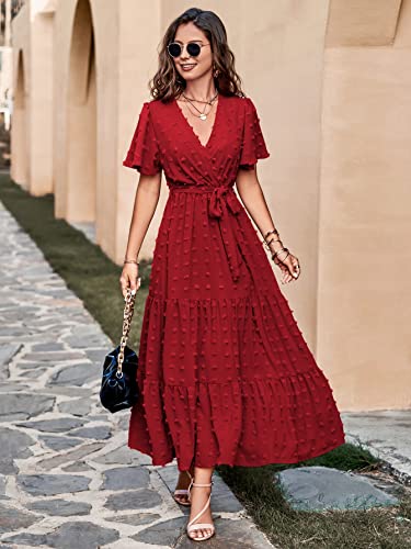 Image of MASCOMODA Women Boho Swiss Dot Maxi Dresses Wrap V Neck Flutter Short Sleeve Solid Tie Waist A Line Tiered Flowy Long Dresses
