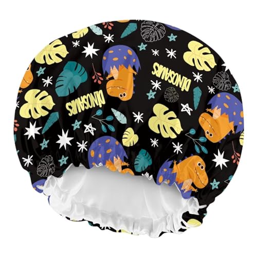 Image of Dinosaur Palm Leaf Print Sleep Cap for Kids Adjustable Elastic Band Flat Cap Sleeping for Hair Satin Bonnet Sleeping Beanie Hair Cap Headwear Hat for Girls Boys Toddler Baby