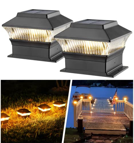 MOON-DE-AGE Solar Post Cap Lights, 4x4 4x6 Fence Post Light Solar Powered, 25 Lumens Deck Post Light Outdoor, 3000K Warm Light, IP65 Waterproof, Black - 2 Pack