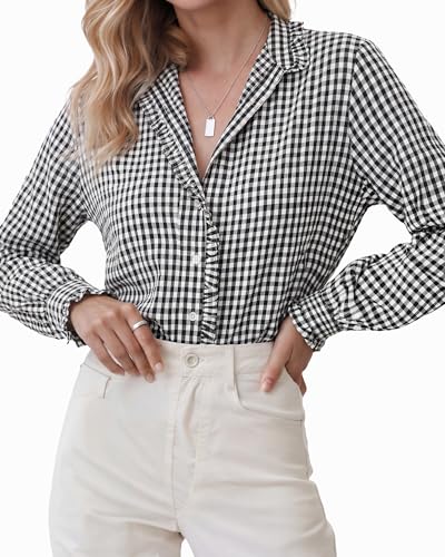 MANGOPOP Women's Ruffle Neck Plaid Button Down Shirts...