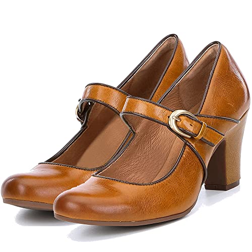 Image of SHODENSE Women Vintage Chunky High Heel Mary Jane Shoes Round Closed Toe Ankle Strap Dress Sandals 3 inch Block Heels Mary Jane Lolita Pumps Two-Toned Patchwork Buckle Office Lady Wedding Retro 4-11 M US