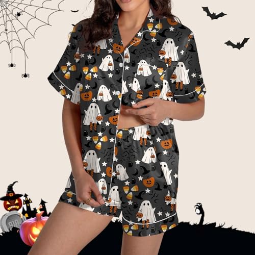 Halloween Pajamas Women 2025 Satin Silk Button Up Shirt And Shorts Pjs Sets 2 Piece Loungewear Sets Soft Sleepwear4