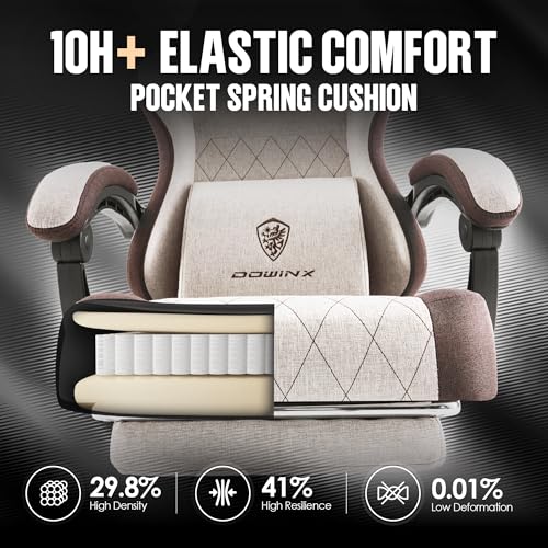 Image of Dowinx Gaming Chair Fabric with Pocket Spring Cushion, High Back Ergonomic Computer Chair with Footrest for Adults, Massage Lumbar Support Swivel Game Chair for Office Gaming 300LBS, Brown
