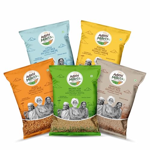 Adithi Millets 5-Variety Combo 1.25Kg (5 X 250g) - Unpolished Keto-Friendly PCOS Diet Grains| Browntop Foxtail Kodo Little Barnyard | Fiber Rich, Vegan Protein, Low Carb Healthy Meals