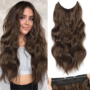 BUPPLER Halo Hair Extensions 20 Inch Invisible Wire Medium Brown Hair Extensions Adjustable Long Wavy Hair Extensions Synthetic Upgrade 4 Secure Clips in Hairpieces (Medium Brown)