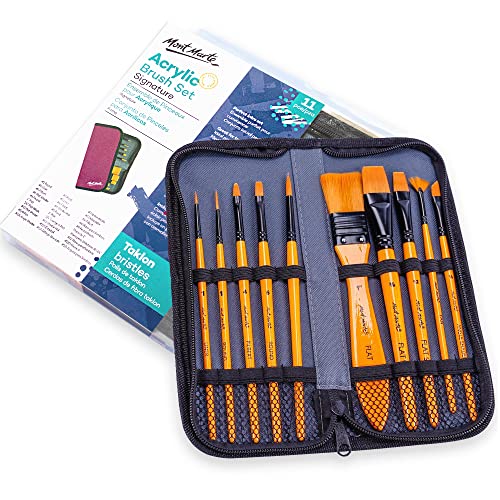 Mont Marte Juego De Pinceles Para Acrílico - 10 Pinceles Taklon En Cartera - Juego De Pinceles Ideal Para Pintura Acrílica - Perfecto Para Principiantes, Profesionales Y Artistas