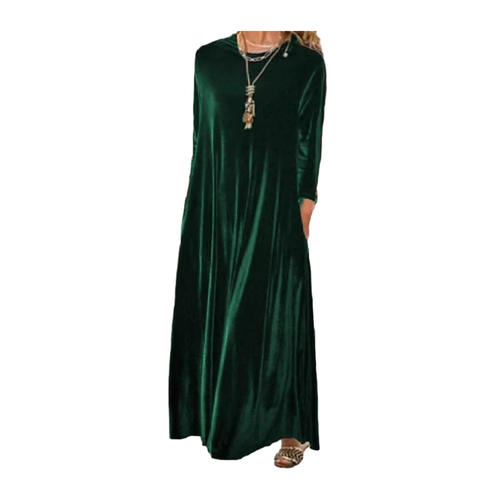 Robe longue en velours pour femme - Col rond - Manches longues - Coupe ample - Idéale comme tenue d'invité de mariage - Idéale pour les cocktails, les soirées