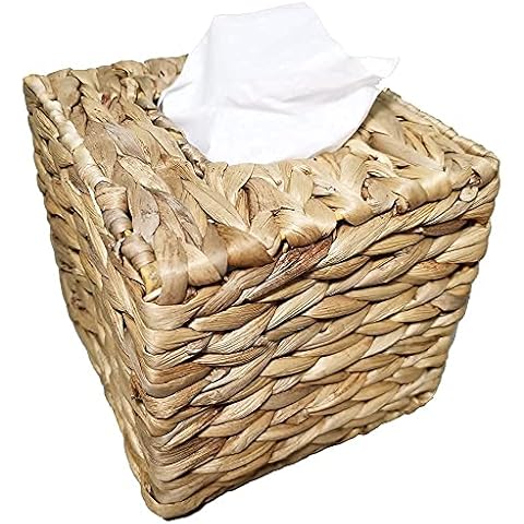Exxacttorch Hand Woven Water Hyacinth Tissue Box Cover for Table, Desk, Living Room Bench Ottoman, Bedroom Dressers, Bathroom Vanity Countertops, 6 Inch Cube Shaped Handwoven Natural Tissue Holder Cover