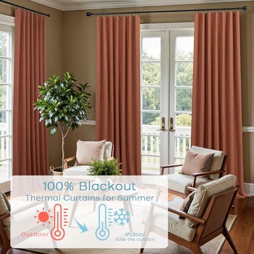 Image of KOUFALL Terracotta Rustic Boho Blackout Curtains 84 Inch Long for Bedroom,Linen Farmhouse Rust Colored Black Out Drapes for Living Room 2 Panels Set