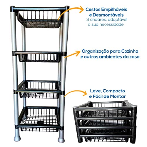 Fruteira De Chão Cesto Organizador Quadrado Com 4 Andares Empilháveis Preta