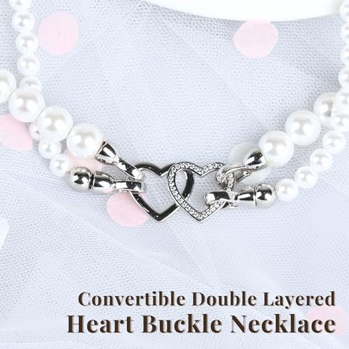 Pearl Necklace with Cubic Zirconia Heart Charm, Convertible & Versatile White Statement Jewelry for Women, Dainty Two-Way Design for Weddings, Proms, Parties, Holidays & Bridal Outfits4