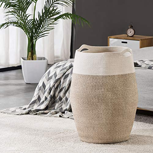 Cotton Rope Laundry Hamper By Youdenova, 105L - Woven Collapsible Laundry Basket - Clothes Storage Basket For Blankets, Laundry Room Organizing, Bedroom Storage, Clothes Hamper – Brown & White #TOP5