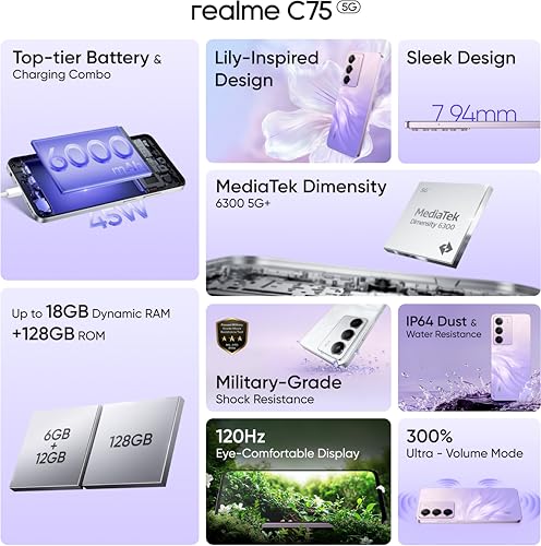 Image of realme C75 6GB RAM, 128GB Storage (Purple Blossom)