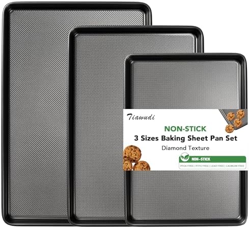 Tiawudi Baking Sheet Pan Set, 0.8mm Thick Heavy Duty Cookie Sheet with Diamond Texture Pattern, Nonstick Baking Tray for Oven, Carbon Steel Half, Jerry Roll Pan, Set of 3 - Thumbnail 3