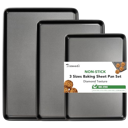 Tiawudi Baking Sheet Pan Set, 0.8mm Thick Heavy Duty Cookie Sheet with Diamond Texture Pattern, Nonstick Baking Tray for Oven, Carbon Steel Half, Jerry Roll Pan, Set of 3