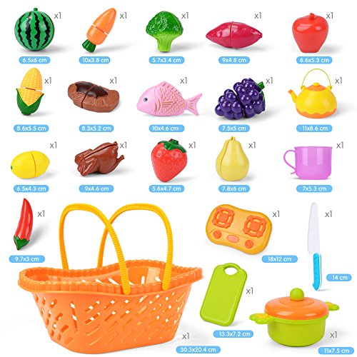 NextX Pretend Play Food Toys for Girls and Boys, Kitchen Cutting Fruits & Vegetables Set with Storage Basket for Kids