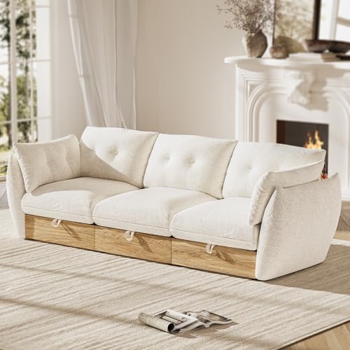 Image of 98 inch 3-Seater Cloud Couch Sectional Modular Sofa with Storage, Cotton and Linen Fabrics Modern Oversized Deep Seat Sofa with Armrest Pillow, Easy Assembly for Living Room, Apartment, Ivory