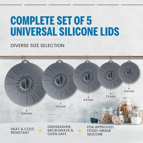 Basic Haus Microwave Cover Silicone Lids - Set of 5: 6, 8, 10, 12 and 13.8 inches - Suction Covers for Pots, Pans, Bowls, Cups, Skillets - Splatter Protection - Easy Food Storage - BPA Free