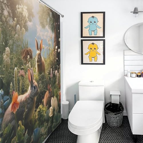 Rideau de douche lapin en polyester lavable 183x183cm avec 12 crochets