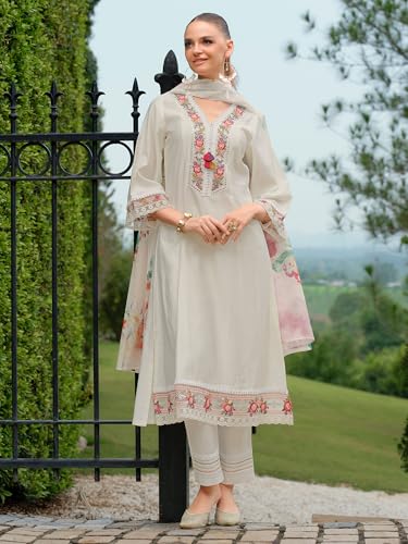 Image of INDO ERA Women's A-Line Cotton Blend Floral Embroidered Kurta & Pant With Dupatta Set (IEOUT11375)