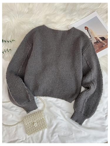 SweatyRocks Girl's V Neck Cropped Sweater Ruched Drawstring Long Sleeve Knit Pullover Tops2