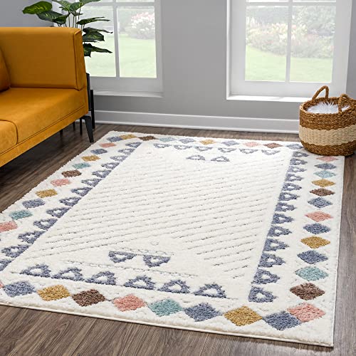 payé Teppich Wohnzimmer Hochflor - 140x200cm - Ethno - Pastel Cream Multi - Modern Raute Meliert...