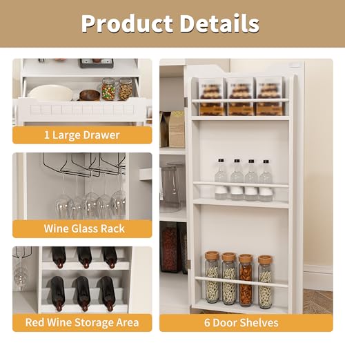 Image of 70 inch Tall Kitchen Pantry Cabinet with Charging Station & Drawer,Farmhouse Modern Wood Small Storage Cabinets w /Wide Tabletop,Wine Rack & 6 Door Shelves,for Small Kitchen,Living & Dining Room,White