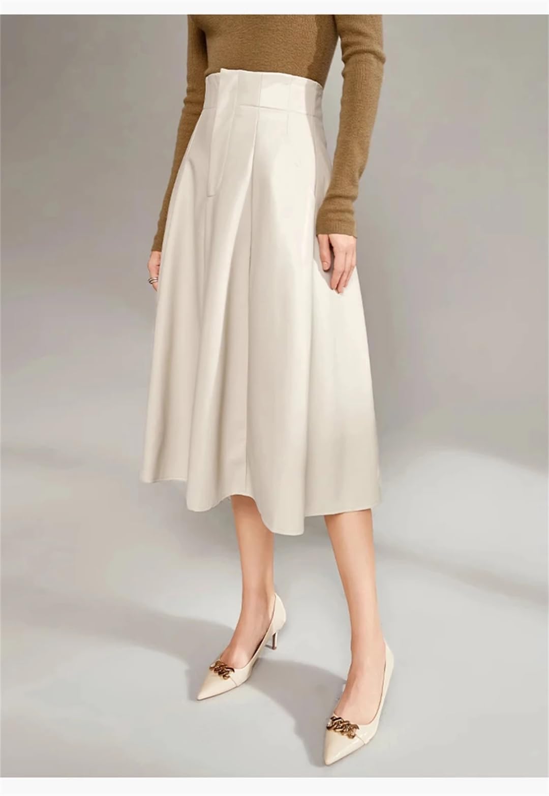Falda hasta la Rodilla de Cuero sintético Suave y Elegante para Mujer Falda Midi de Cintura Alta con Bolsillo,Fblanco-XL