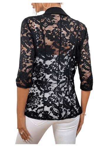 WDIRARA Women's Contrast Lace Waistcoat Single Button Open Front Lapel Neck Sheer Vest Blazer2