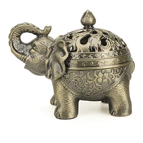 Alloy Incense Holder Stand Elephant Cone Coil Incense Burner Ash Catcher with Lid, Aromatherapy Ornament Home Decoration for Indoor Outdoor Office (Bronze) Cover