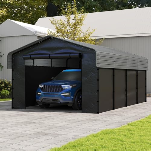 Image of Real Relax 12'x20' Heavy Duty Metal Carport, Outdoor Garage Car Shelter Shade with Galvanized Roof & Removable Sidewalls, Heavier Metal Frame for Car and Boats, Truck Grey