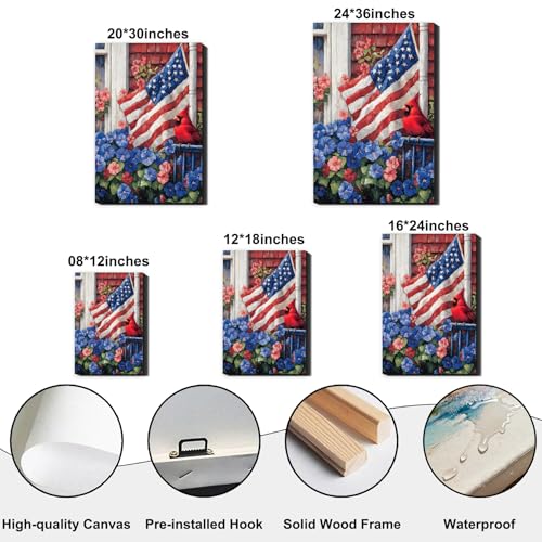 Image of RIBNTAK Patriotic Red, White & Blue Floral and Cardinal Wall Art, American Flag Garden Painting for Independence Day, Perfect for 4th of July Wall Decor and All-Season Home Display