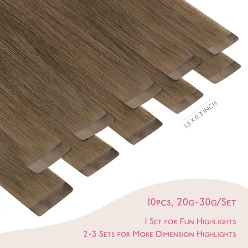Image of WENNALIFE Tape in Hair Extensions Human Hair Muted Light Brown Brunette Tape in Extensions, 10pcs 30g 24 inch Remy Invisible Tape Ins Straight Colored Soft Real Human Hair Tape in Extensions Refill Se