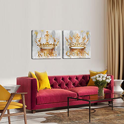 Sechars King And Queen Canvas Wall Art Crown Painting Prints Gold And Grey Bedroom Decoration Couples Annivesary Wedding Gifts 24“X24 X2Pcs #TOP2