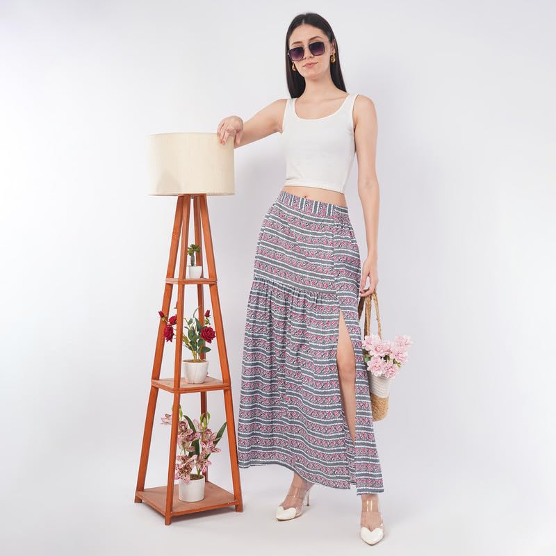 Rabhika Women’s Patterned Pure Cotton Slit Maxi Skirt, Comfortable Casual Wear Long Skirt for Women and Girls| 2XL Red 1