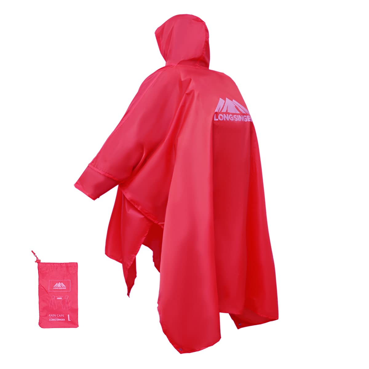 longsinger Rain Ponchos for Adults, Waterproof Rain Poncho with Adjustable Hood and Arms for Hiking, Hunting, Outdoor, Red, Large