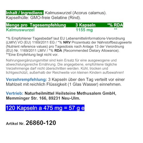 Kalmus-Wurzel Magenwurz Magen Bitter(stoffe) APERITIF & DIGESTIF Verdauung Stoffwechsel 240 (2x120) Kapseln nach Ayurveda & Hildegard von Bingen - NATUR PUR ohne ZUSATZSTOFFE. 26860-2