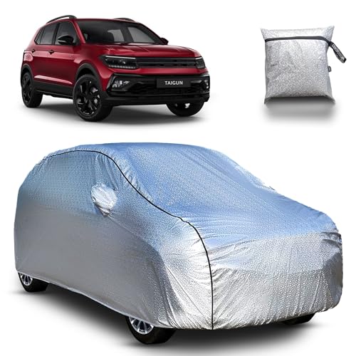 Image of Continental [SilverGuard] Dual Belts Extra Protection Volkswagen Taigun Car Cover (2021-2026) Build with Triple Stitched, Waterproof & Dustproof Car Cover Taigun (Metallic Silver).