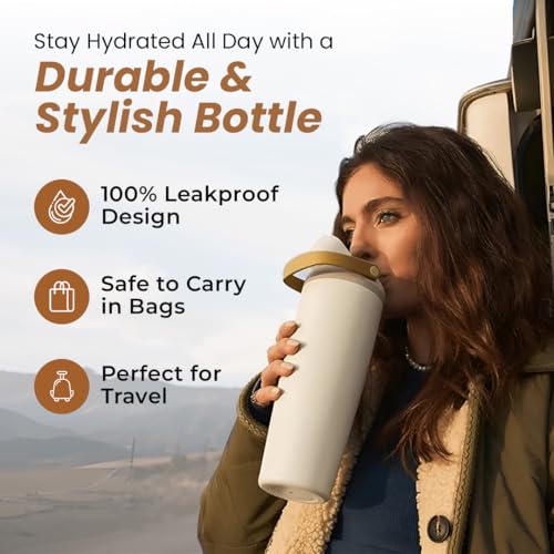 Image of HomeEssentials 1200ml Stainless Steel Insulated Water Bottle with Straw & Secure Lock Lid, Leakproof Double Wall Vacuum Flask for Hot & Cold Drinks, Sports & Travel Bottle (Biege)