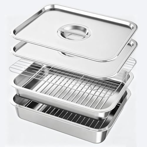 QURAS Stainless Steel Grill Prep & Serve Tray Set with Lids – Grill Carry System for Large Food Prep, Marinating Containers, Oven Roasting, and Serving (Grill Prep & Serve Tray Set #1)