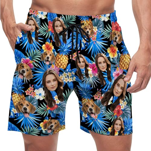 Custom Mens Swim Trunks with Face Personalized Funny Hawaiian Swim Shorts with Photo Beach Board Shorts Gift for Men