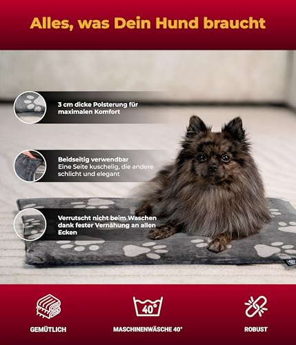 HS-Hundebett® Hundedecke S (55x75 cm) – rutschfest und gemütlich Dank 3 cm Füllung – Perfekt fürs Sofa, Auto & Hundebox – Pfote Anthrazit, Made in DE