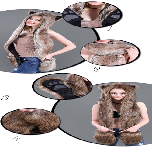 Animal Hood Hoods Furry Hoodie 3 in 1 Function Faux Fur Full Hood Hat Winter Warmer Cap Mittens Gloves Scarf Paws Ear4