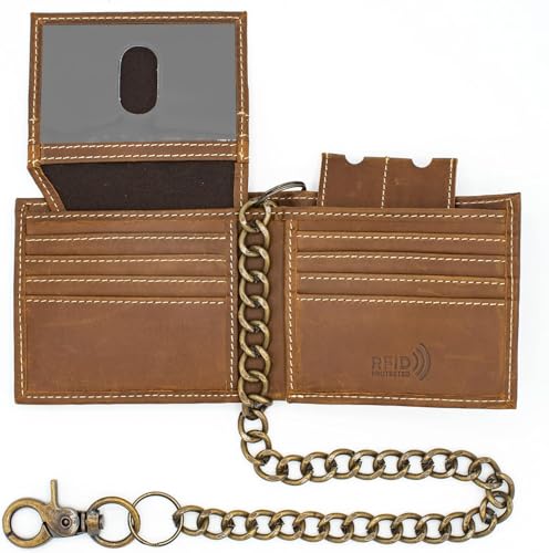 J T C JUZAR TAPAL COLLECTION Genuine Leather RFID Blocking Bifold Wallet for Men, Stylish Bifold, Stainless Chain, Flip-up Window ID (J521BF-WC, Vintage Brown)