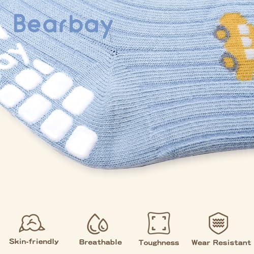 Image of 9 Pairs Toddler Non Slip Cotton Crew Socks with Anti-slip Dots for Infant Baby Boys Girls Dark Blue