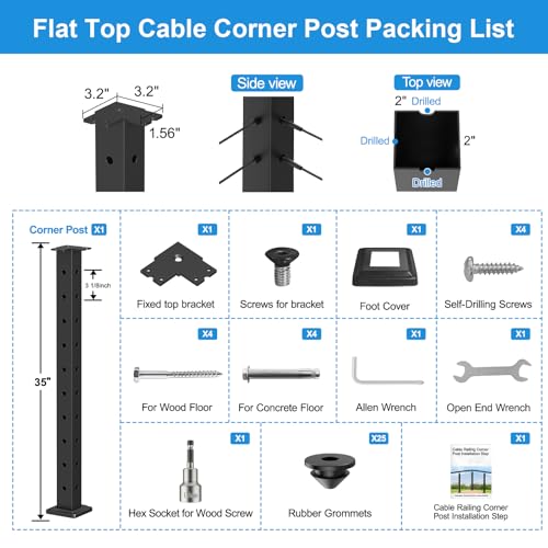 Image of 36 inch Cable Railing Corner Post, Stainless Steel Flat Top Corner Post with Cable Grommets, 2 inchx2 inch 90 T-Drilled Metal Corner Post for Deck, Black Deck Cable Railing System, RG33