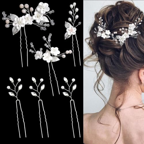 6 Pcs Flower Bridal Wedding Hair Pins - Silver Rhinestone Pearl Hair Accessories for Women - Crystal Hair Pieces for Bride, Bridesmaids &amp; Flower Girls