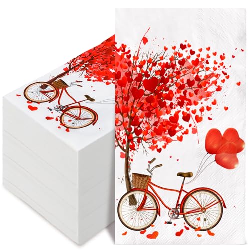 AnyDesign 100 Pack Valentine's Day Guest Napkins Red Heart Tree Bicycle Print Paper Dinner Napkins Sweet Decorative Disposable Hand Napkins for Party Tableware Supplies, 13 x 15.7 Inch